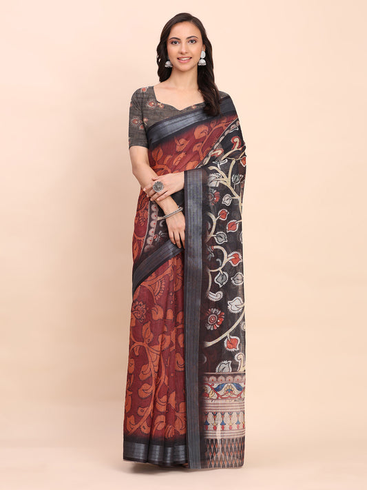 Astita maroon Cotton Cotton Saree with Tribal Floral Print | Bold Ethnic Design | Lightweight Casual & Festive Saree for Women
