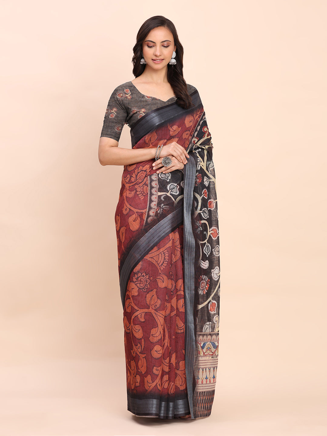 Astita maroon Cotton Cotton Saree with Tribal Floral Print | Bold Ethnic Design | Lightweight Casual & Festive Saree for Women