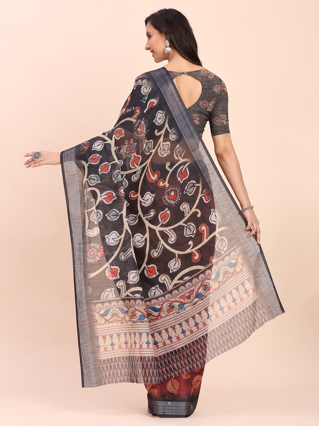 Astita maroon Cotton Cotton Saree with Tribal Floral Print | Bold Ethnic Design | Lightweight Casual & Festive Saree for Women