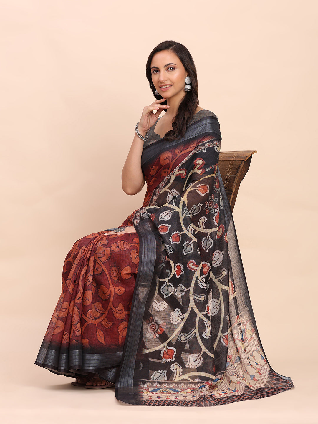 Astita maroon Cotton Cotton Saree with Tribal Floral Print | Bold Ethnic Design | Lightweight Casual & Festive Saree for Women