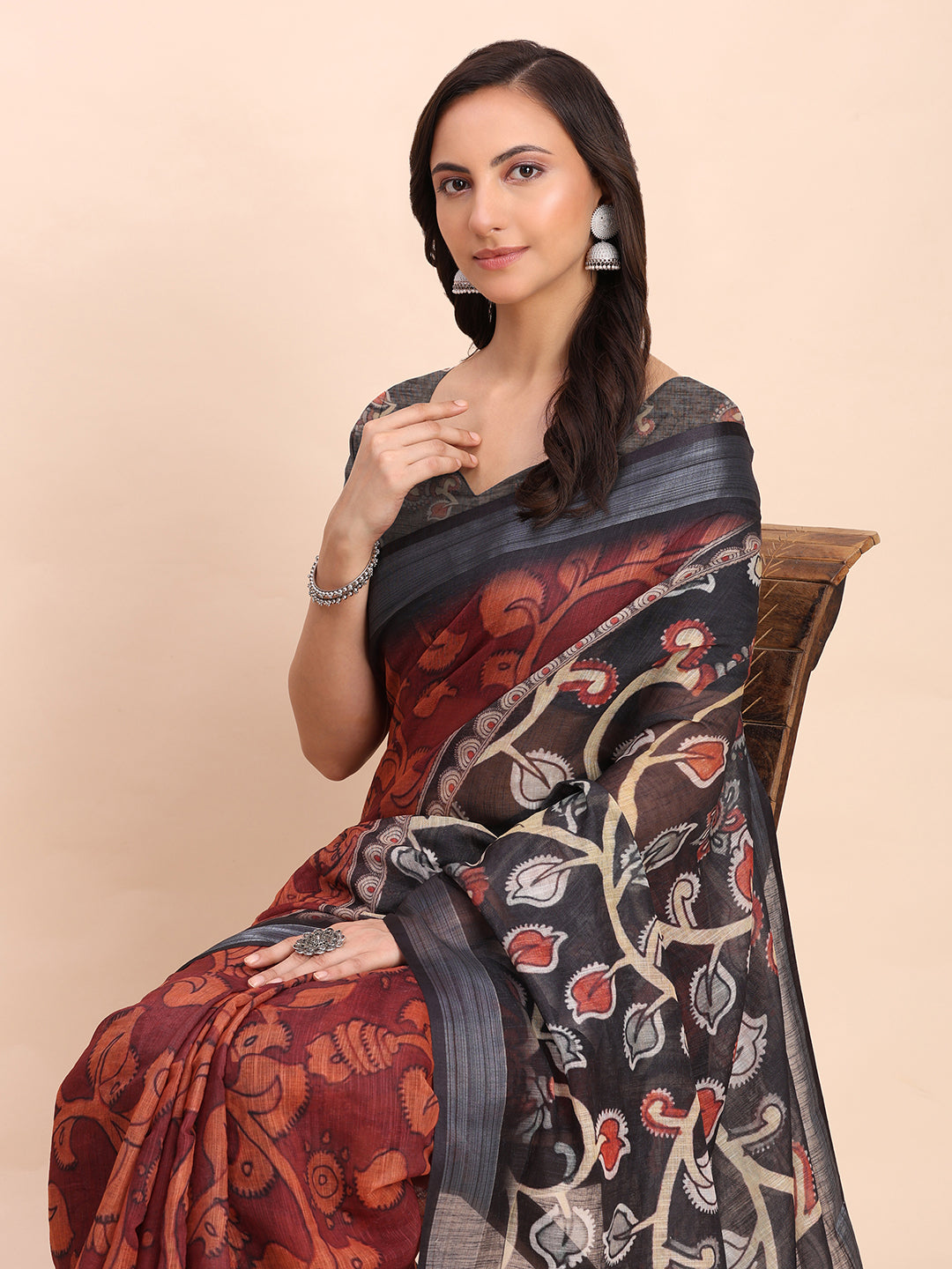 Astita maroon Cotton Cotton Saree with Tribal Floral Print | Bold Ethnic Design | Lightweight Casual & Festive Saree for Women
