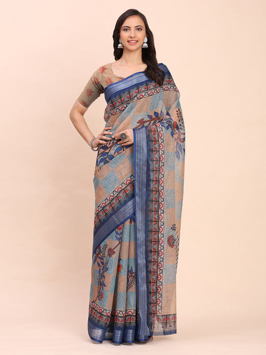 Astita Cream Cotton Cotton Saree with Tribal Floral Print | Bold Ethnic Design | Lightweight Casual & Festive Saree for Women