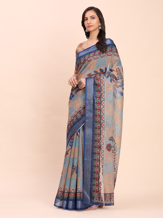 Astita Cream Cotton Cotton Saree with Tribal Floral Print | Bold Ethnic Design | Lightweight Casual & Festive Saree for Women