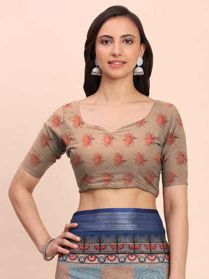 Astita Cream Cotton Cotton Saree with Tribal Floral Print | Bold Ethnic Design | Lightweight Casual & Festive Saree for Women