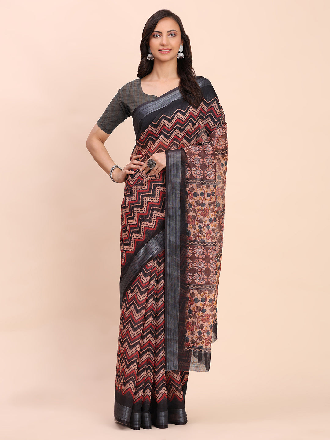 Astita Black Cotton Cotton Saree with Tribal Floral Print | Bold Ethnic Design | Lightweight Casual & Festive Saree for Women