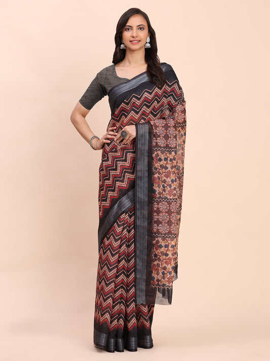 Astita Black Cotton Cotton Saree with Tribal Floral Print | Bold Ethnic Design | Lightweight Casual & Festive Saree for Women