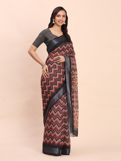 Astita Black Cotton Cotton Saree with Tribal Floral Print | Bold Ethnic Design | Lightweight Casual & Festive Saree for Women