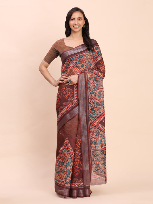 Astita Brown Cotton Cotton Saree with Tribal Floral Print | Bold Ethnic Design | Lightweight Casual & Festive Saree for Women