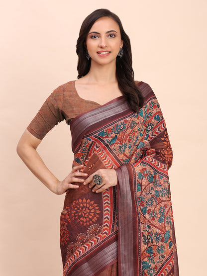 Astita Brown Cotton Cotton Saree with Tribal Floral Print | Bold Ethnic Design | Lightweight Casual & Festive Saree for Women
