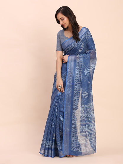 Astita Indigo Blue Cotton Cotton Saree with Tribal Floral Print | Bold Ethnic Design | Lightweight Casual & Festive Saree for Women