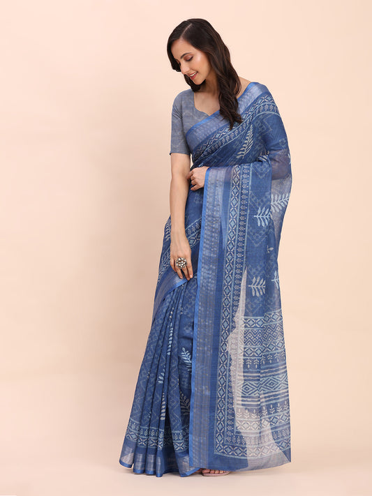 Astita Indigo Blue Cotton Cotton Saree with Tribal Floral Print | Bold Ethnic Design | Lightweight Casual & Festive Saree for Women