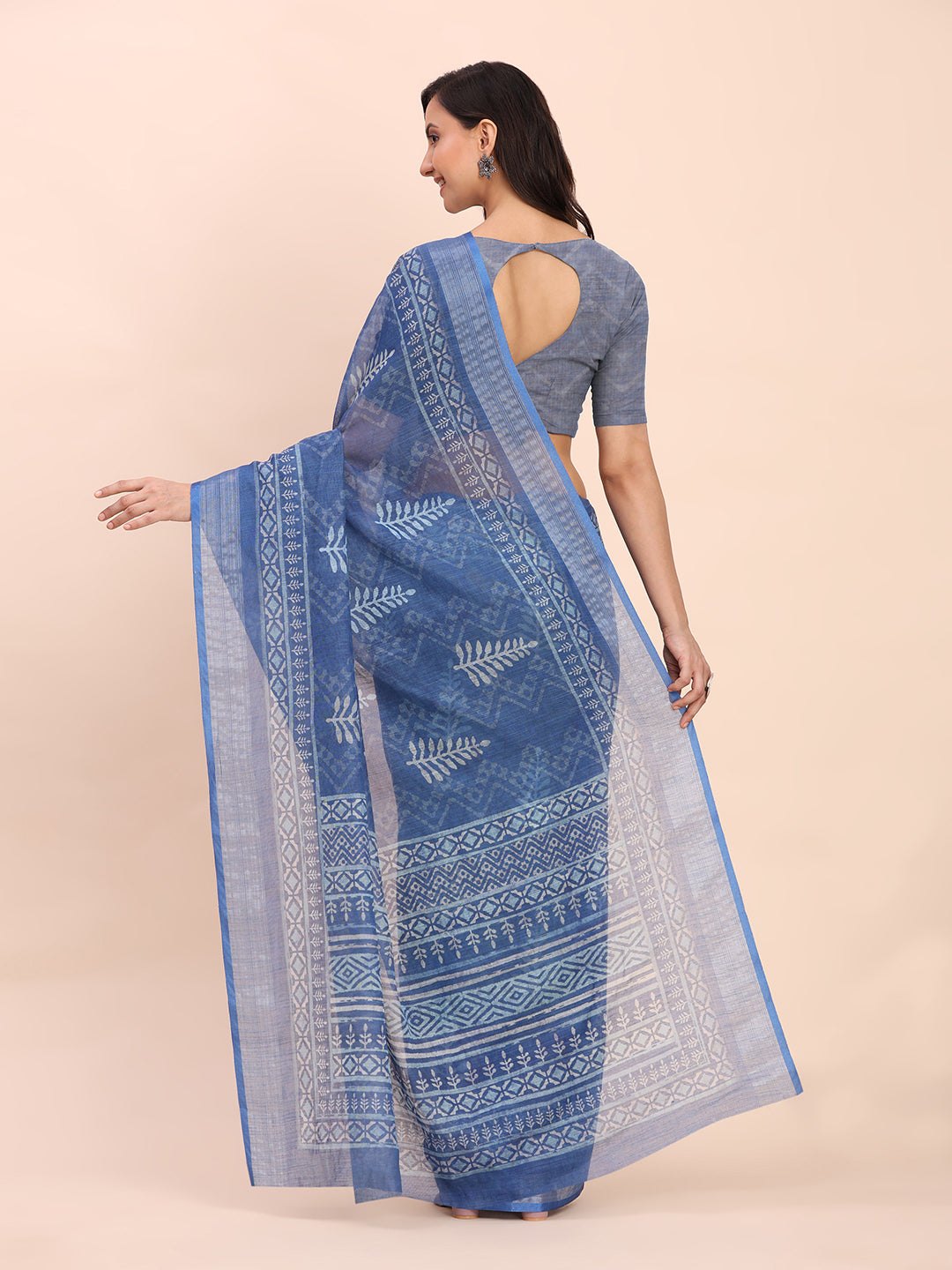 Astita Indigo Blue Cotton Cotton Saree with Tribal Floral Print | Bold Ethnic Design | Lightweight Casual & Festive Saree for Women