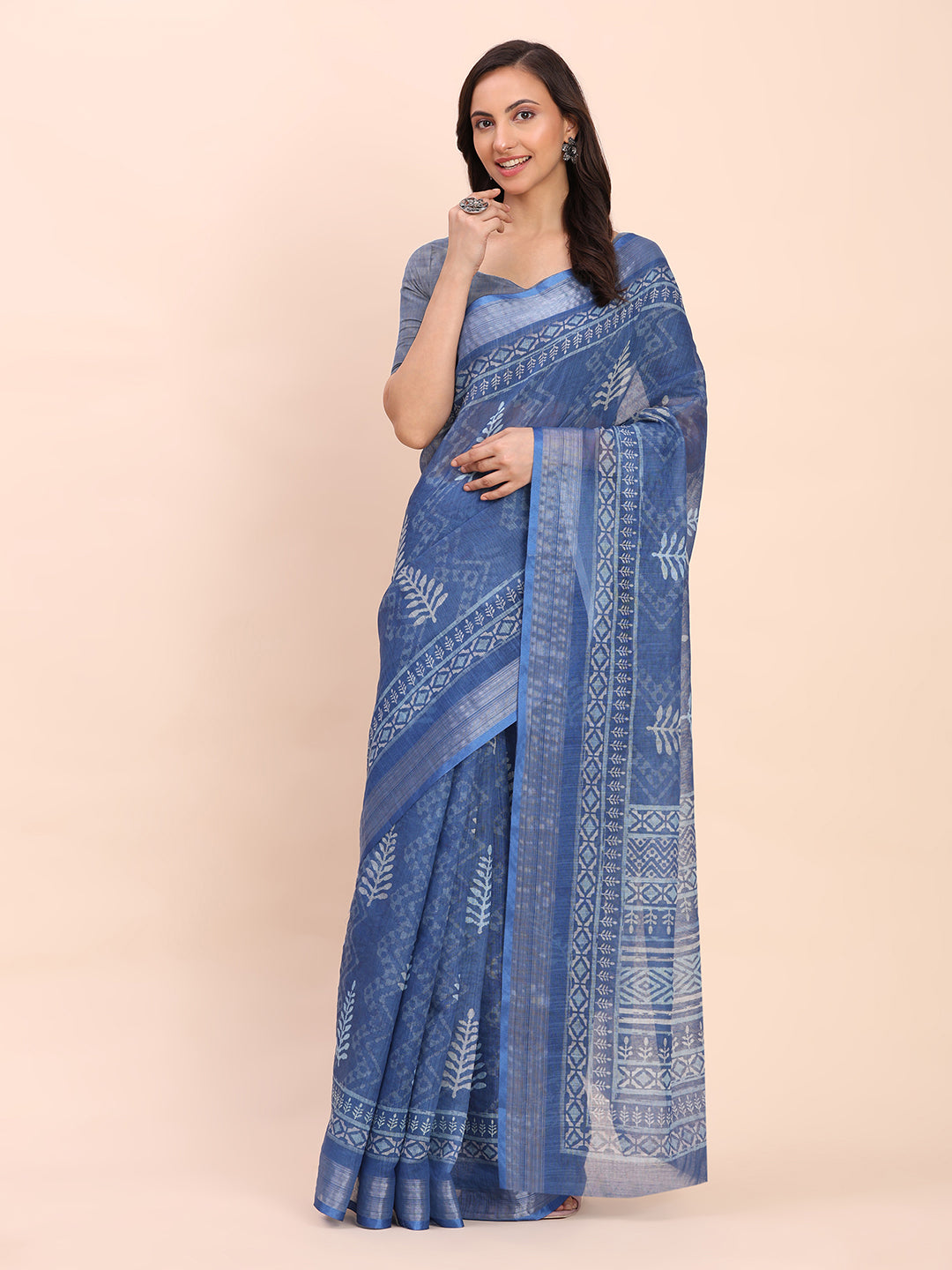 Astita Indigo Blue Cotton Cotton Saree with Tribal Floral Print | Bold Ethnic Design | Lightweight Casual & Festive Saree for Women