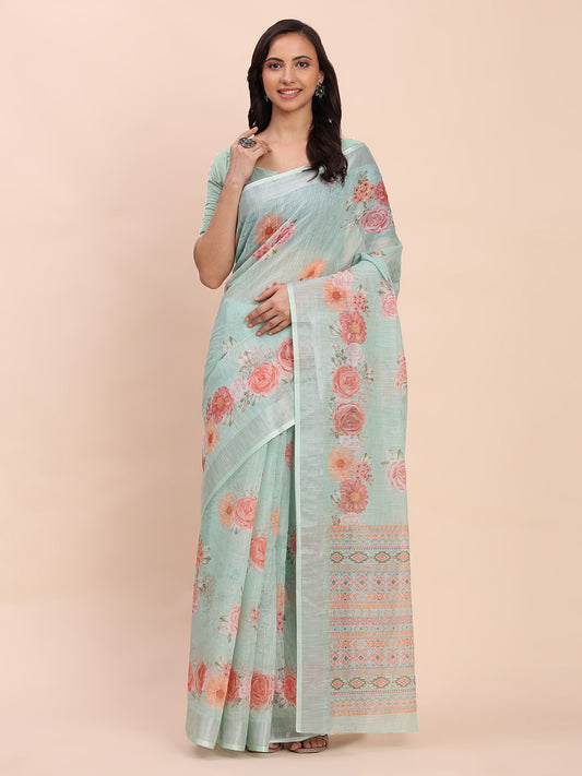 Astita Sea Green Cotton Cotton Saree with Tribal Floral Print | Bold Ethnic Design | Lightweight Casual & Festive Saree for Women