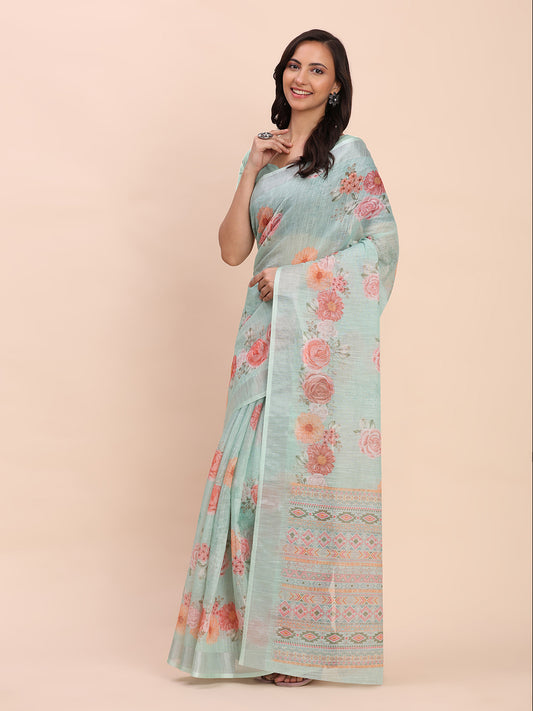 Astita Sea Green Cotton Cotton Saree with Tribal Floral Print | Bold Ethnic Design | Lightweight Casual & Festive Saree for Women