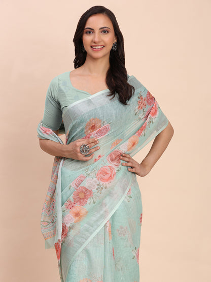 Astita Sea Green Cotton Cotton Saree with Tribal Floral Print | Bold Ethnic Design | Lightweight Casual & Festive Saree for Women