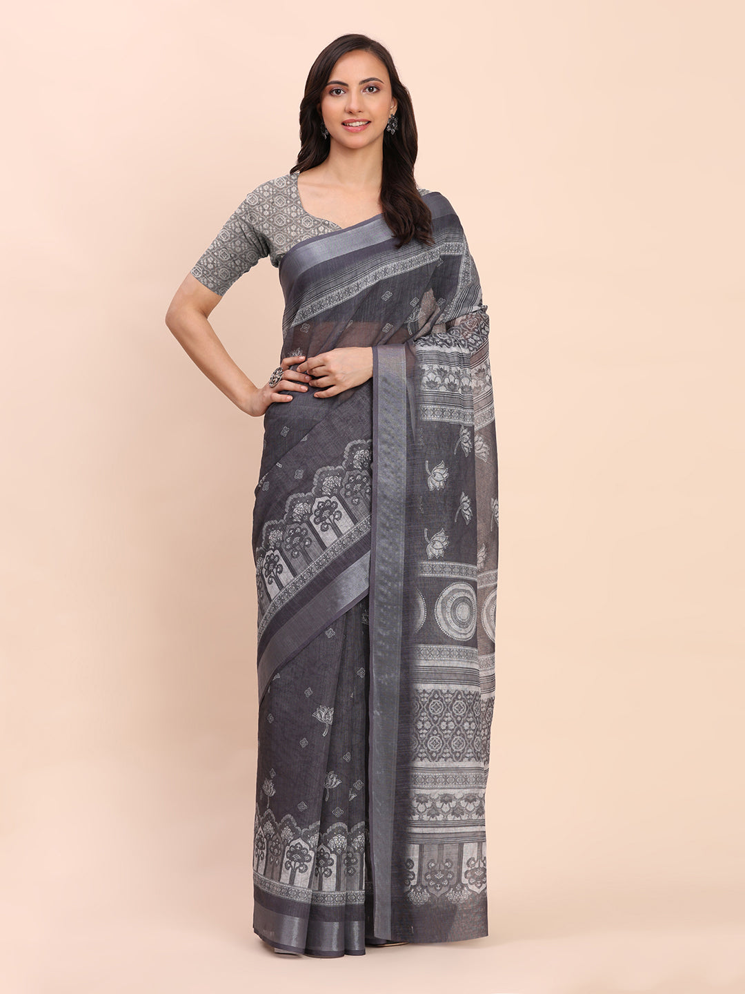 Astita Black Cotton Cotton Saree with Tribal Floral Print | Bold Ethnic Design | Lightweight Casual & Festive Saree for Women