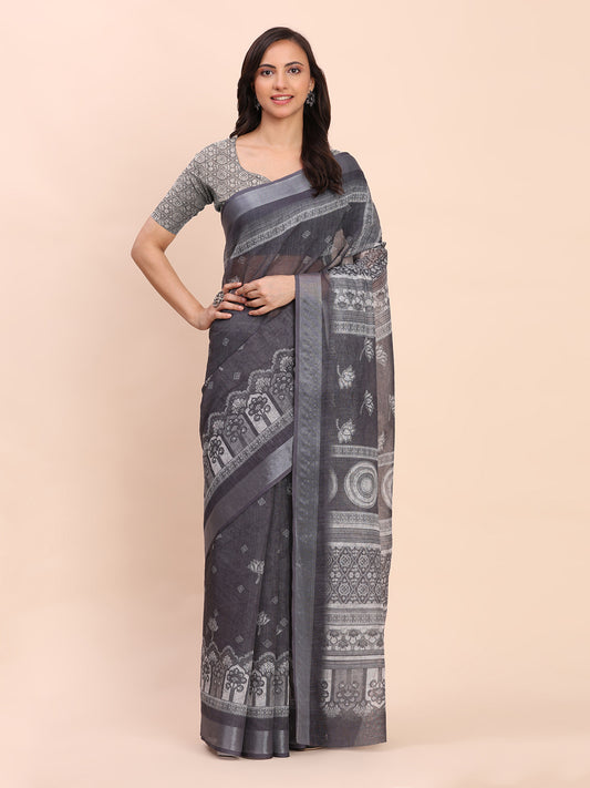 Astita Black Cotton Cotton Saree with Tribal Floral Print | Bold Ethnic Design | Lightweight Casual & Festive Saree for Women