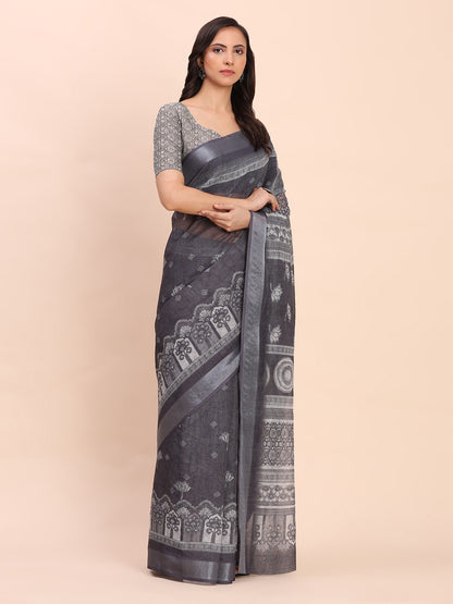 Astita Black Cotton Cotton Saree with Tribal Floral Print | Bold Ethnic Design | Lightweight Casual & Festive Saree for Women