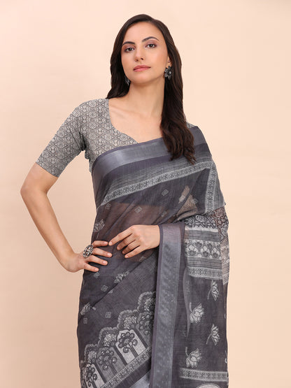 Astita Black Cotton Cotton Saree with Tribal Floral Print | Bold Ethnic Design | Lightweight Casual & Festive Saree for Women