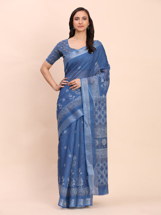 Astita Indigo Blue Cotton Cotton Saree with Tribal Floral Print | Bold Ethnic Design | Lightweight Casual & Festive Saree for Women