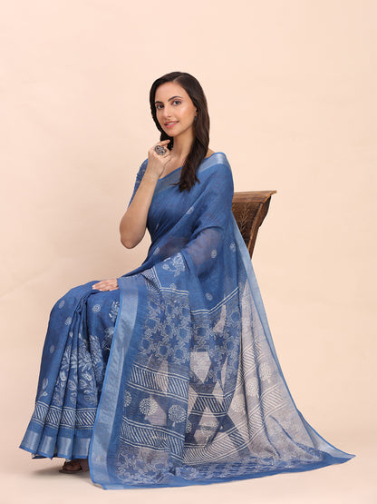 Astita Indigo Blue Cotton Cotton Saree with Tribal Floral Print | Bold Ethnic Design | Lightweight Casual & Festive Saree for Women