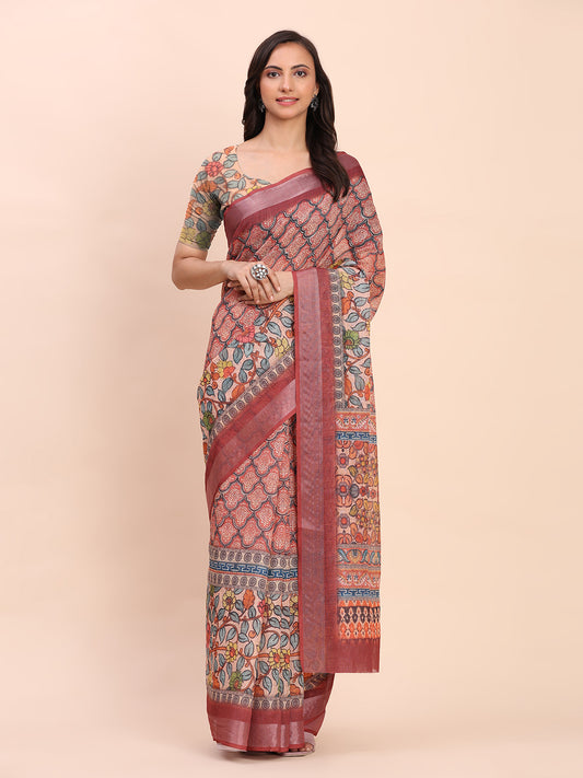Astita Rust Cotton Cotton Saree with Tribal Floral Print | Bold Ethnic Design | Lightweight Casual & Festive Saree for Women
