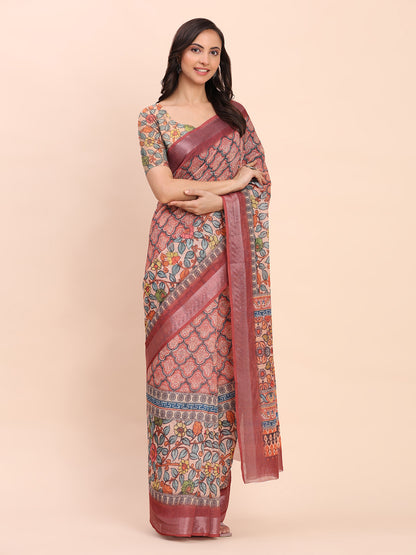 Astita Rust Cotton Cotton Saree with Tribal Floral Print | Bold Ethnic Design | Lightweight Casual & Festive Saree for Women