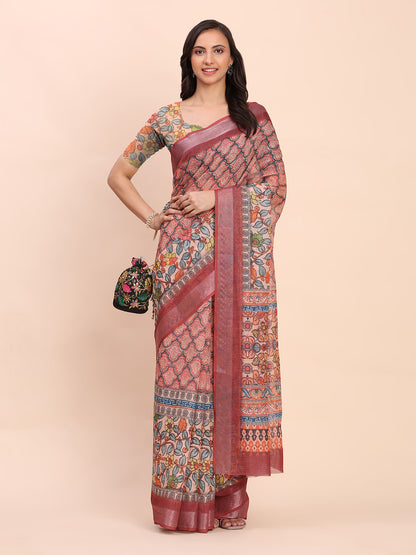 Astita Rust Cotton Cotton Saree with Tribal Floral Print | Bold Ethnic Design | Lightweight Casual & Festive Saree for Women
