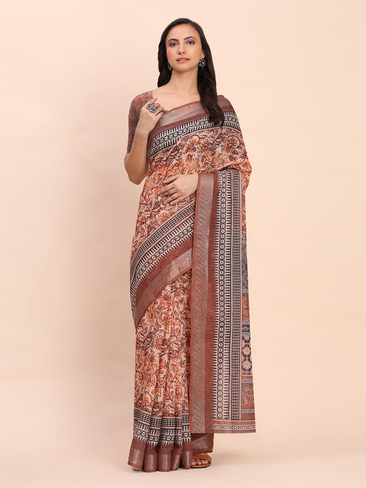 Astita Brown Cotton Cotton Saree with Tribal Floral Print | Bold Ethnic Design | Lightweight Casual & Festive Saree for Women