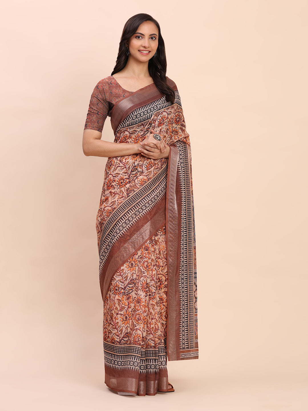 Astita Brown Cotton Cotton Saree with Tribal Floral Print | Bold Ethnic Design | Lightweight Casual & Festive Saree for Women