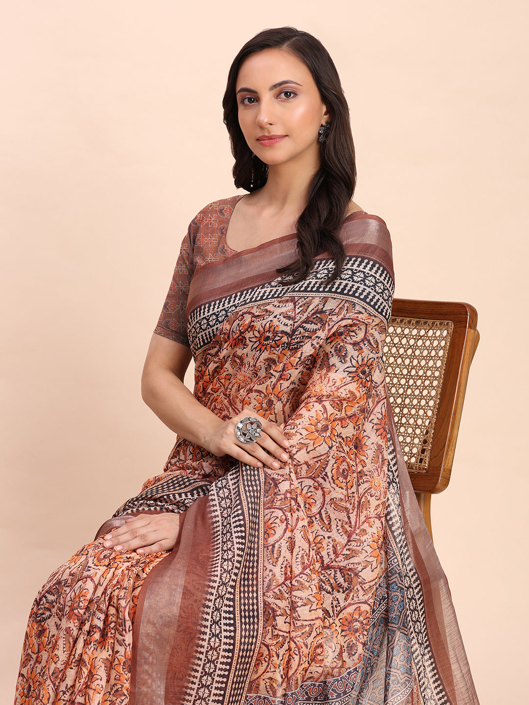 Astita Brown Cotton Cotton Saree with Tribal Floral Print | Bold Ethnic Design | Lightweight Casual & Festive Saree for Women