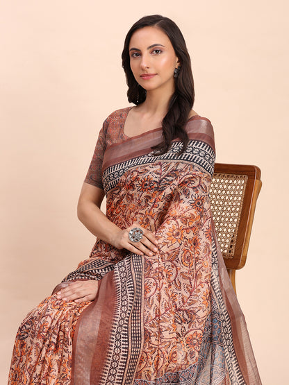Astita Brown Cotton Cotton Saree with Tribal Floral Print | Bold Ethnic Design | Lightweight Casual & Festive Saree for Women