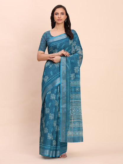 Astita Sea Green Cotton Cotton Saree with Tribal Floral Print | Bold Ethnic Design | Lightweight Casual & Festive Saree for Women