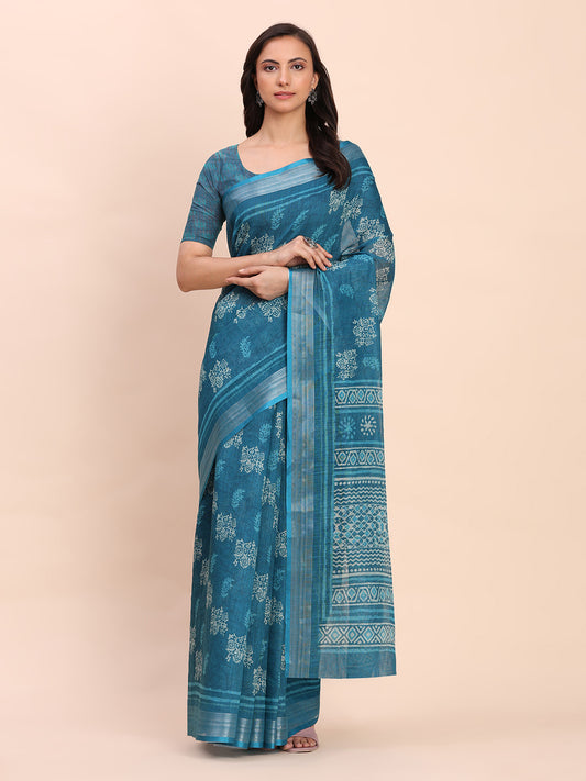 Astita Sea Green Cotton Cotton Saree with Tribal Floral Print | Bold Ethnic Design | Lightweight Casual & Festive Saree for Women