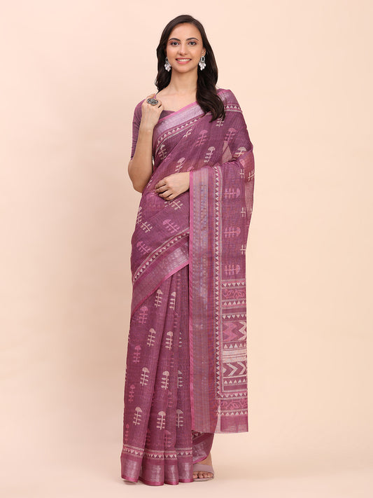 Astita Purple Cotton Cotton Saree with Tribal Floral Print | Bold Ethnic Design | Lightweight Casual & Festive Saree for Women