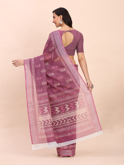 Astita Purple Cotton Cotton Saree with Tribal Floral Print | Bold Ethnic Design | Lightweight Casual & Festive Saree for Women
