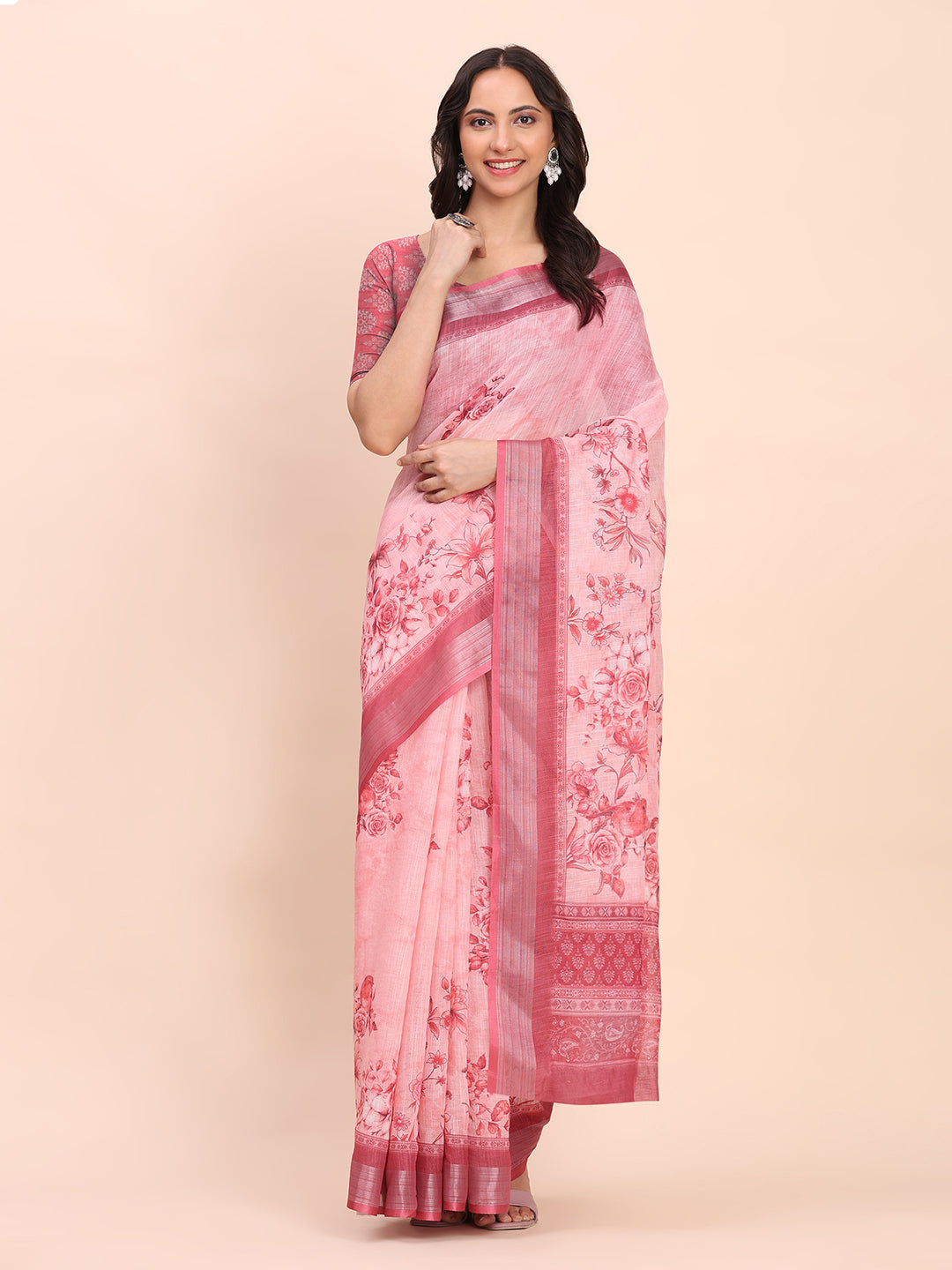 Astita Light Pink Cotton Cotton Saree with Tribal Floral Print | Bold Ethnic Design | Lightweight Casual & Festive Saree for Women