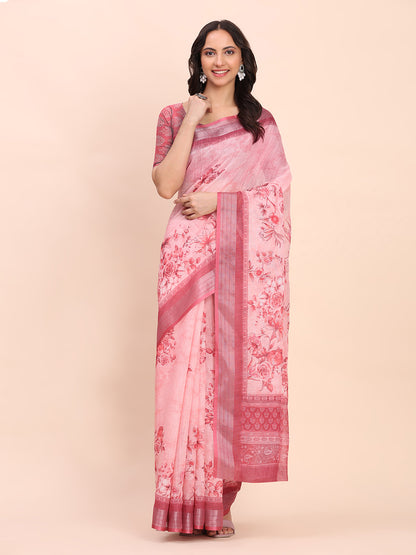 Astita Light Pink Cotton Cotton Saree with Tribal Floral Print | Bold Ethnic Design | Lightweight Casual & Festive Saree for Women
