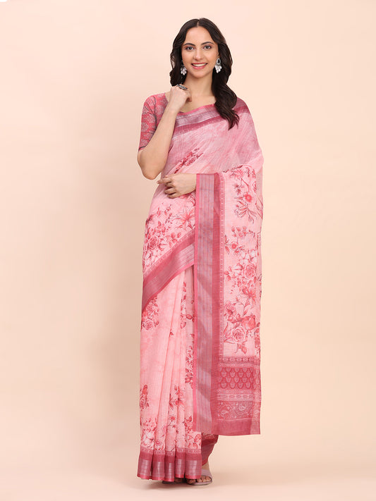 Astita Light Pink Cotton Cotton Saree with Tribal Floral Print | Bold Ethnic Design | Lightweight Casual & Festive Saree for Women