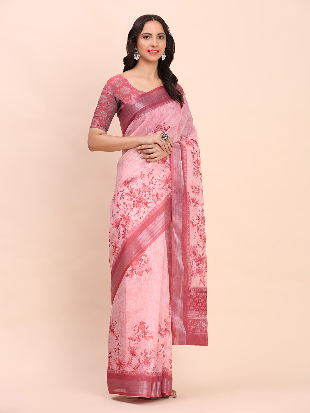 Astita Light Pink Cotton Cotton Saree with Tribal Floral Print | Bold Ethnic Design | Lightweight Casual & Festive Saree for Women