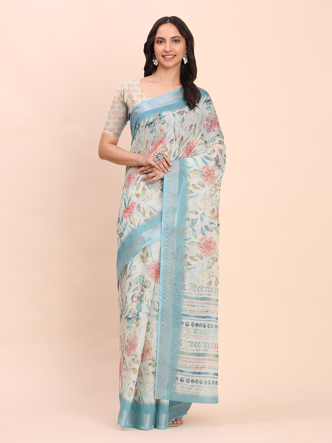Astita Sky Blue Cotton Cotton Saree with Tribal Floral Print | Bold Ethnic Design | Lightweight Casual & Festive Saree for Women