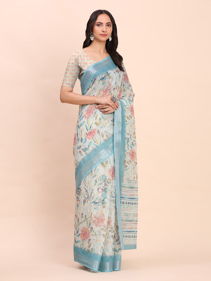 Astita Sky Blue Cotton Cotton Saree with Tribal Floral Print | Bold Ethnic Design | Lightweight Casual & Festive Saree for Women