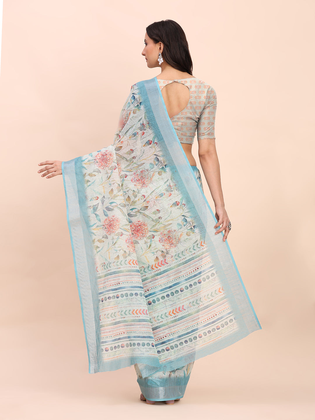 Astita Sky Blue Cotton Cotton Saree with Tribal Floral Print | Bold Ethnic Design | Lightweight Casual & Festive Saree for Women