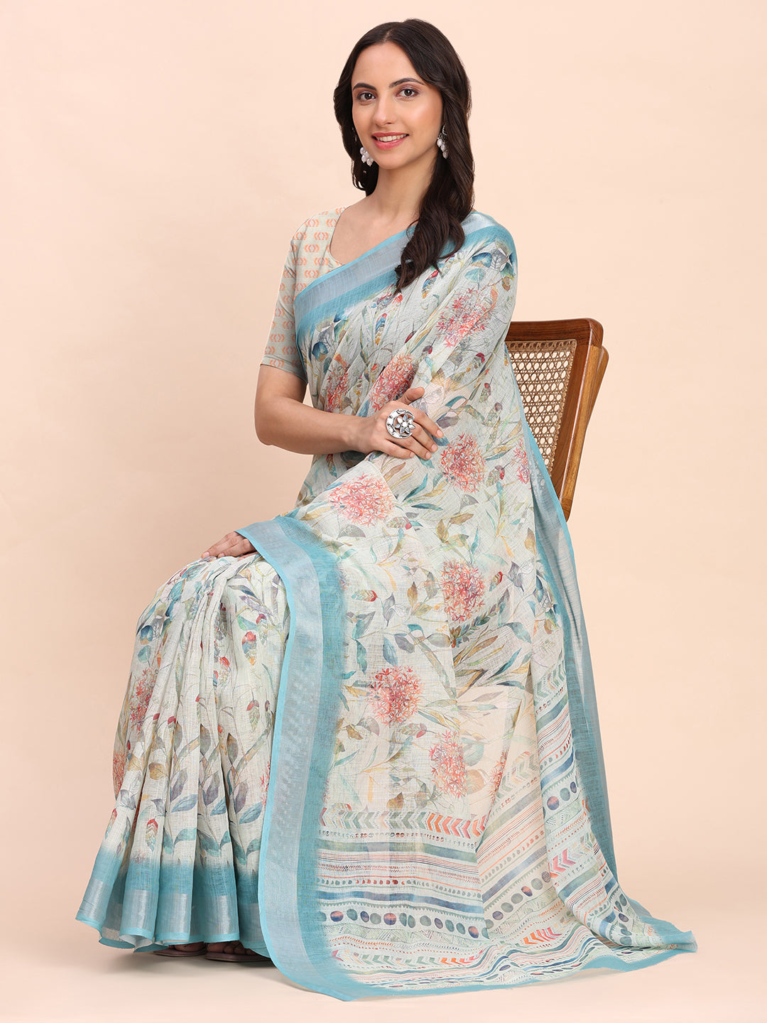 Astita Sky Blue Cotton Cotton Saree with Tribal Floral Print | Bold Ethnic Design | Lightweight Casual & Festive Saree for Women