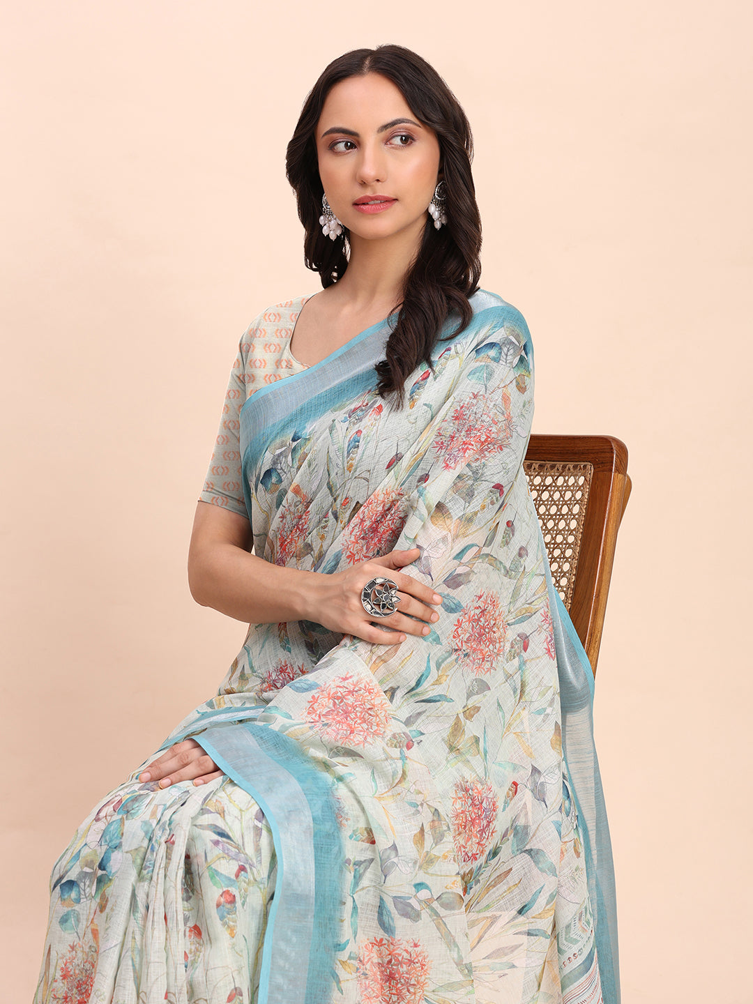 Astita Sky Blue Cotton Cotton Saree with Tribal Floral Print | Bold Ethnic Design | Lightweight Casual & Festive Saree for Women