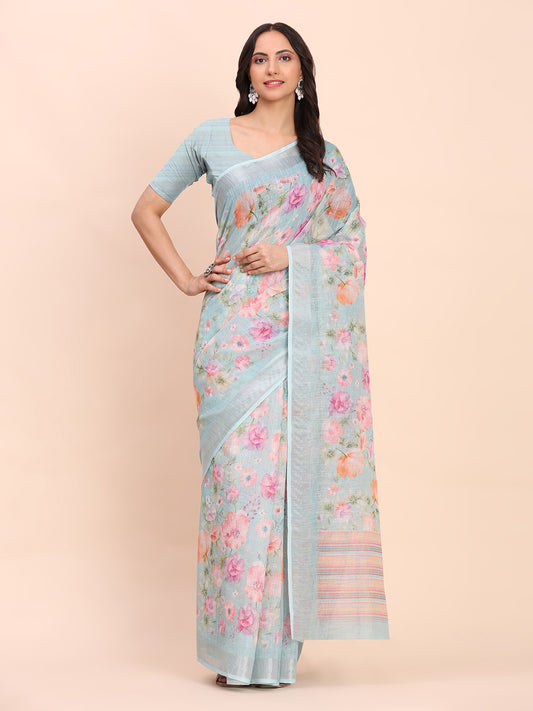 Astita Sea Green Cotton Cotton Saree with Tribal Floral Print | Bold Ethnic Design | Lightweight Casual & Festive Saree for Women