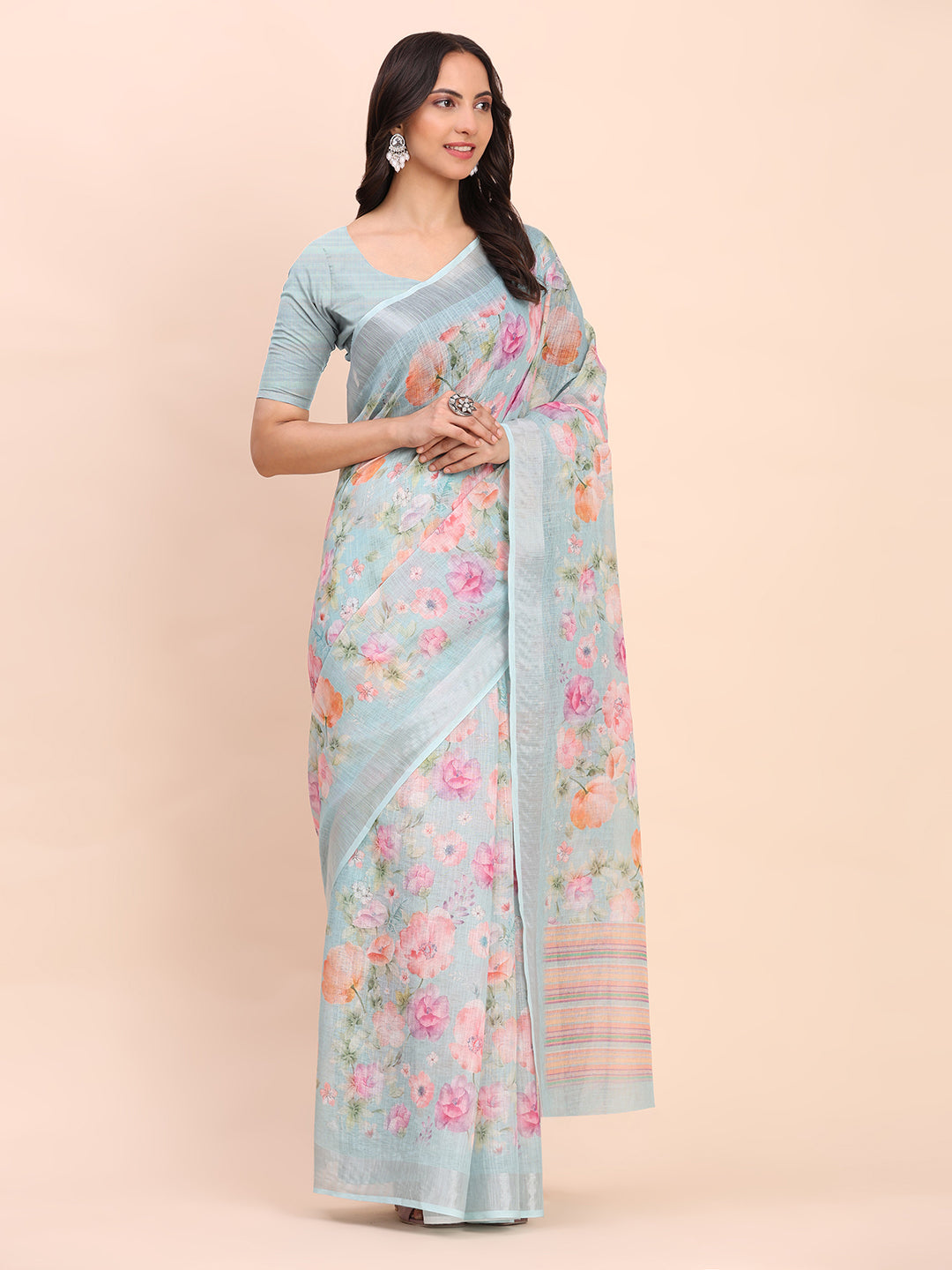 Astita Sea Green Cotton Cotton Saree with Tribal Floral Print | Bold Ethnic Design | Lightweight Casual & Festive Saree for Women