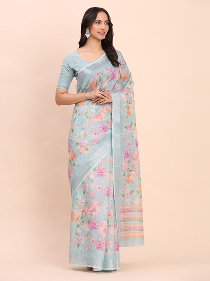 Astita Sea Green Cotton Cotton Saree with Tribal Floral Print | Bold Ethnic Design | Lightweight Casual & Festive Saree for Women