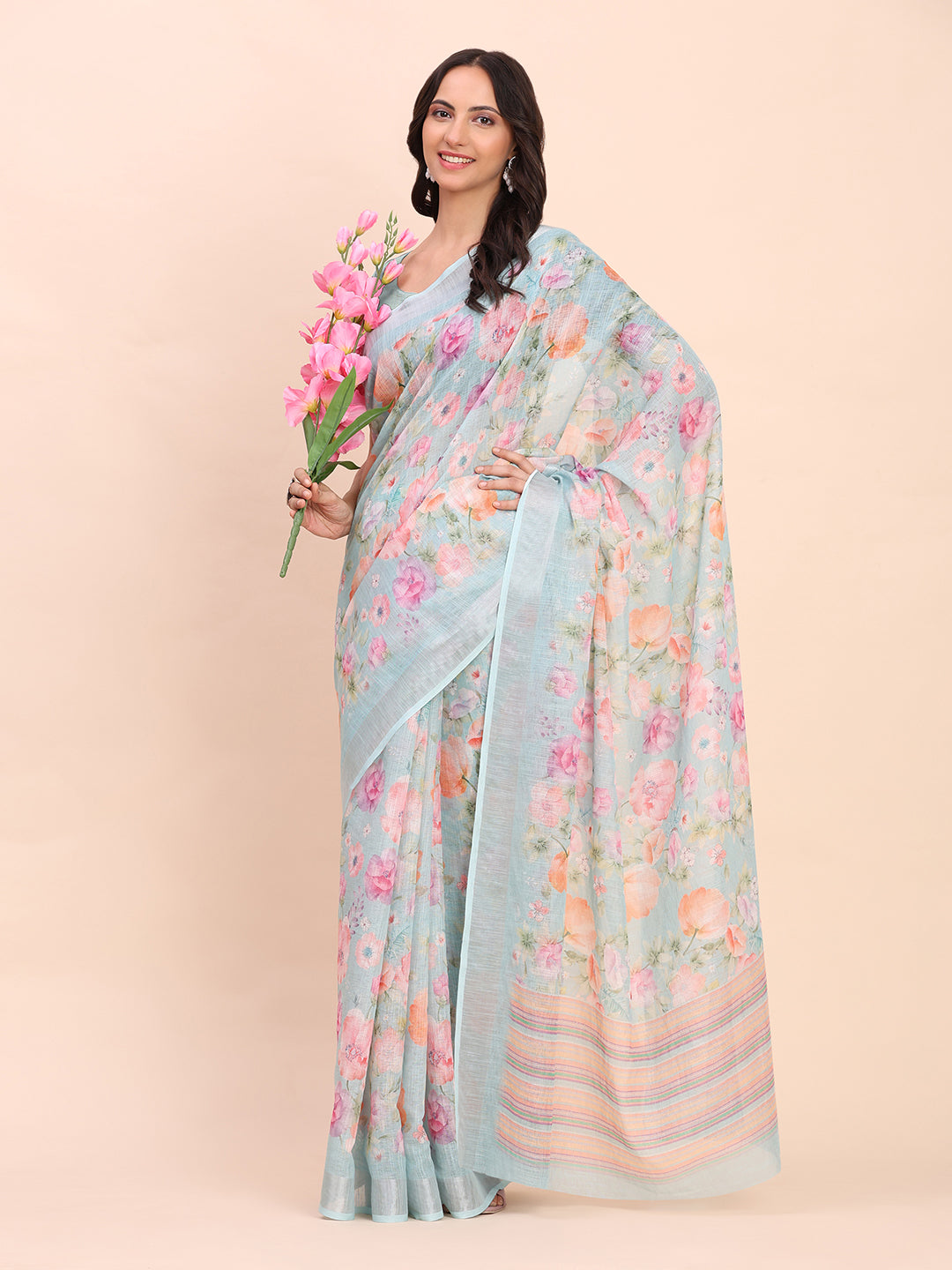 Astita Sea Green Cotton Cotton Saree with Tribal Floral Print | Bold Ethnic Design | Lightweight Casual & Festive Saree for Women
